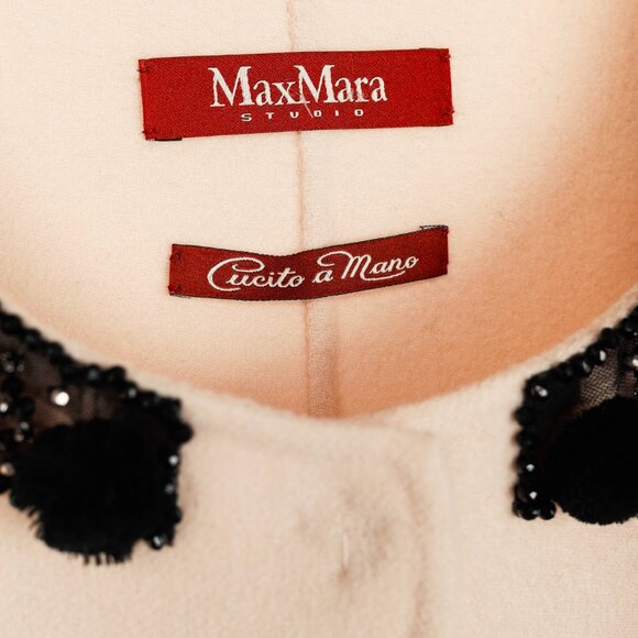Max Mara Studio Beige Wool Embellished-Neck Coat - Picture 8 of 11